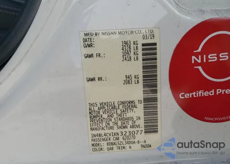 2019 Nissan Altima Sr from USA, damaged, VIN 1N4BL4CV1KN323077